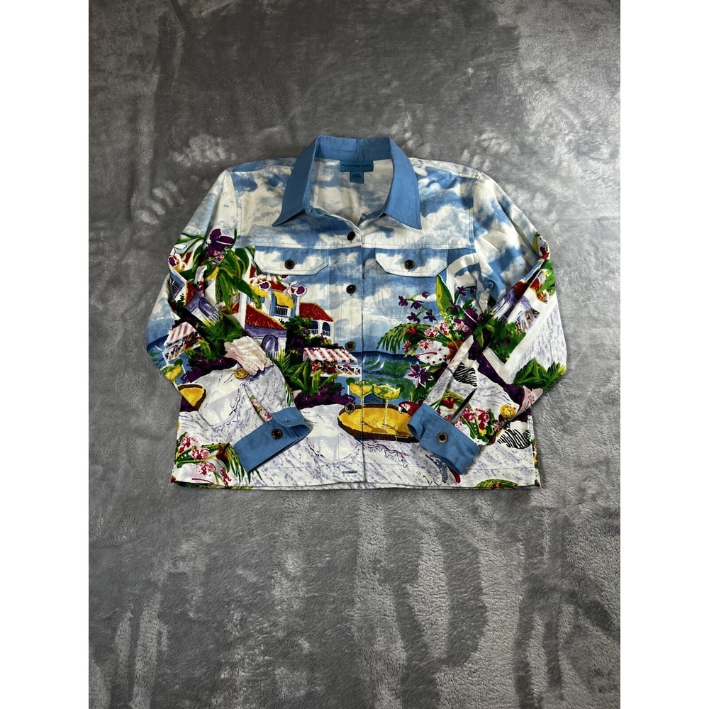 Flamingo Road SZ L Colorful Button Up Shirt Blue White Colorful Women Vacation